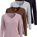 Real Essentials 4 Pack: Womens Cotton Long Sleeve V-Neck T-Shirts Soft Casual Lounge Tee Tops (M)