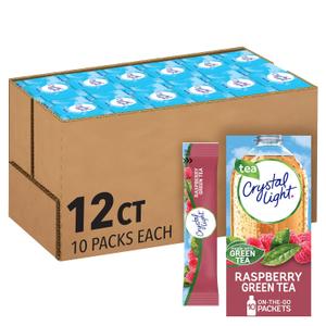 Crystal Light Raspberry Green Tea Naturally Flavored Powdered Drink Mix, 120 ct Pack, 12 Boxes of 10 On-the-Go-Packets, BB Date 01AUG21