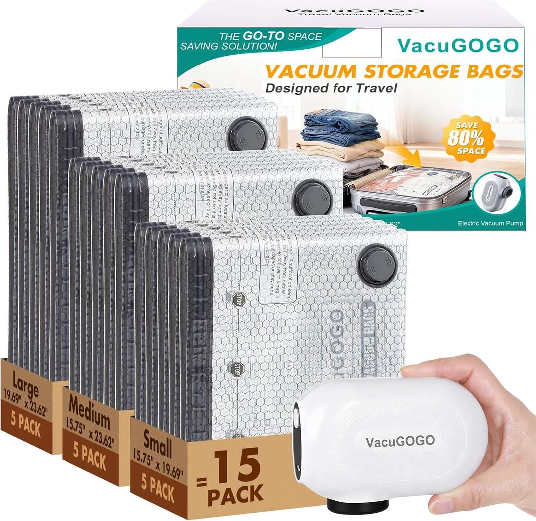 Travel Vacuum Storage Bags with Pump, Carry-on Luggage Compression Bags + Portable Electric Pump, 80% Space Saver for Clothes, Vacuum Seal Bags for Clothing Packing Travel, Pack of 15