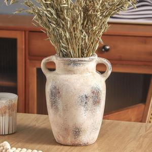 Farmhouse Ceramic Vase with Handle,9.7 inch Handcrafted Vintage Terracotta Pottery Vases for Shelf Decor, Coffee Table Styling, or Bedroom Accent