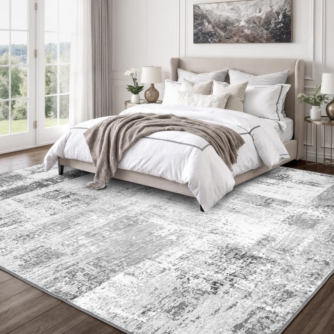 Rugflix 6x9 Area Rugs for Living Room, Washable Rug, Non-Slip, Soft Low Pile Carpet, Stain Resistant, Abstract Rug, Indoor Grey Rug for Bedroom, Dining Room, Home Office