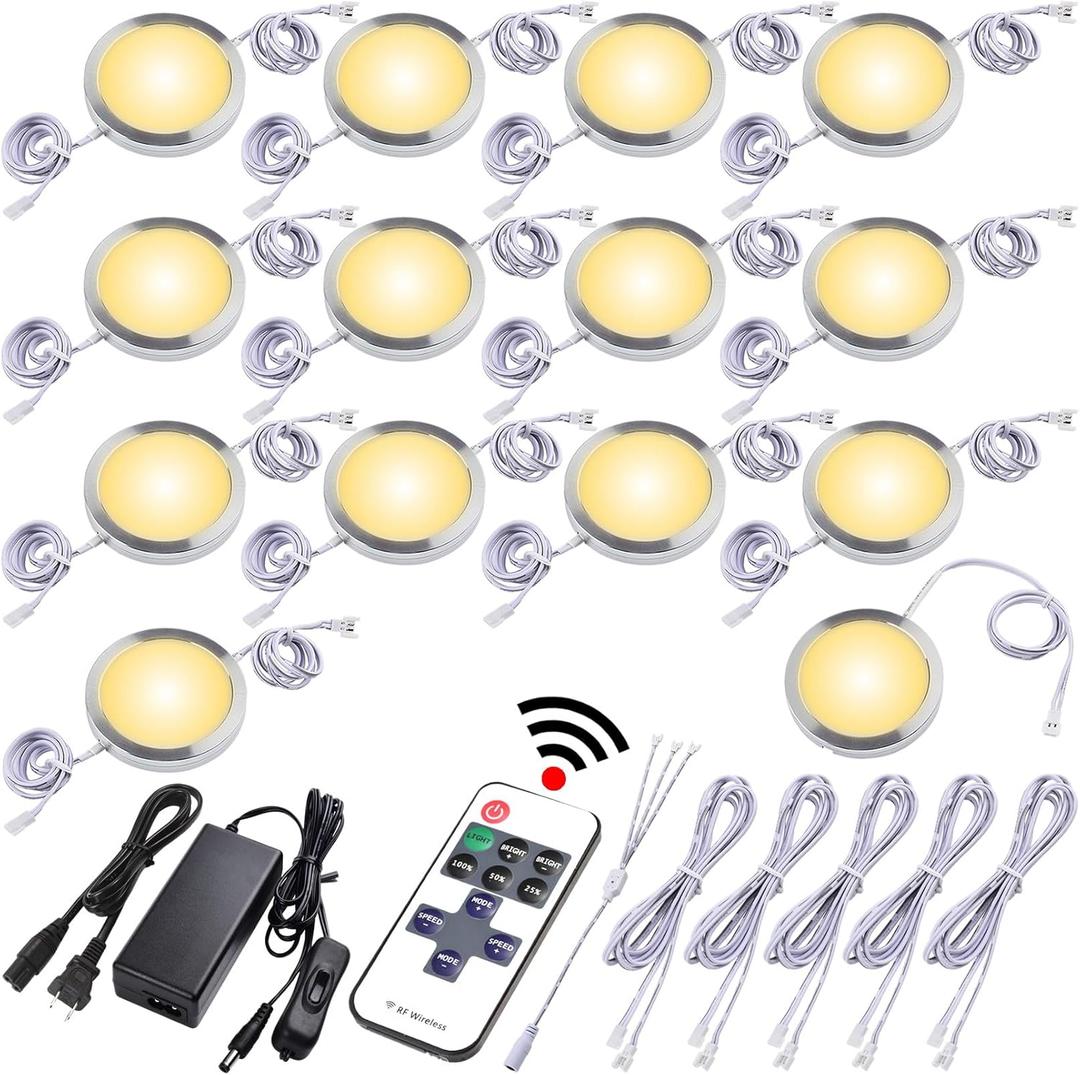 Under Cabinet LED Puck Lights, Counter Closet Lighting, Daisy Chained linkable, 110V Plug-in & Direct Hardwiring, Wireless RF Remote Control Dimmable, White Cables, Warm White, 14 Lights