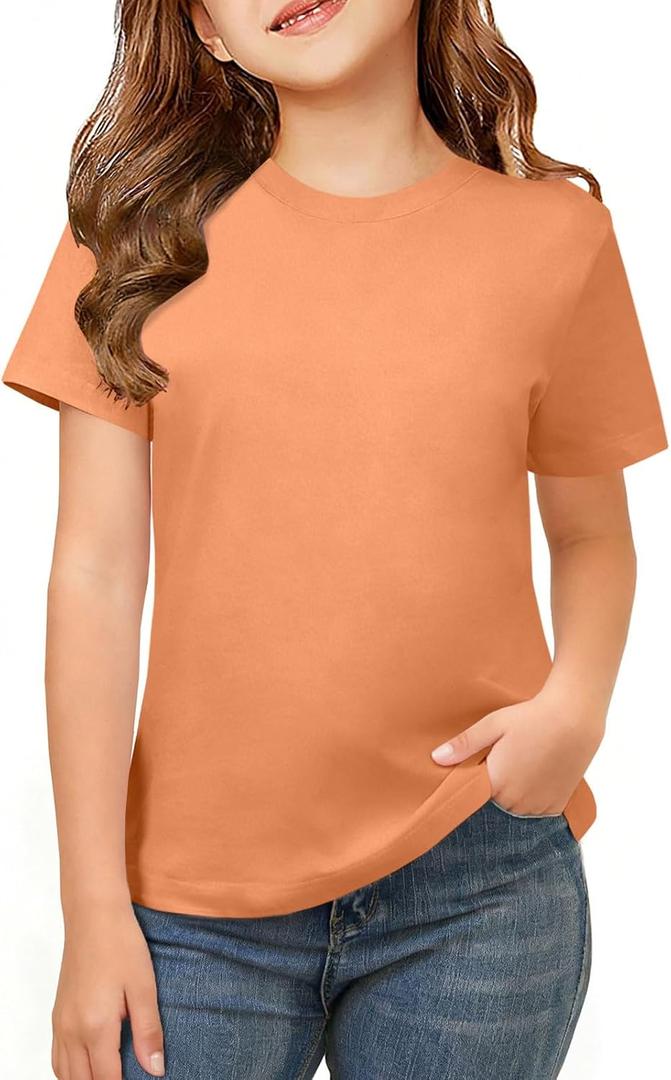 ZDC Girls Short Sleeve Shirts Crewneck T Shirts Kids Summer Tops Basic Tees 5-14 Years
