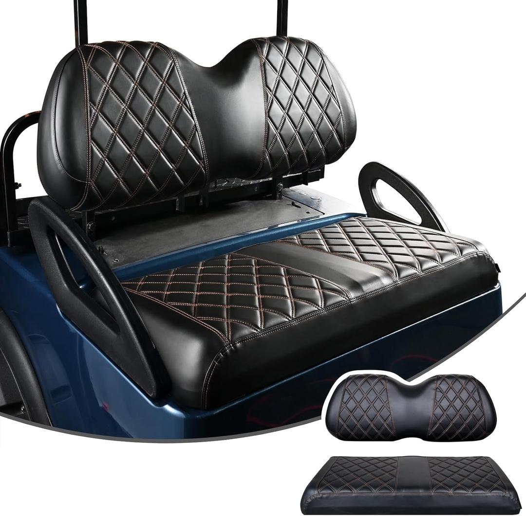 NOKINS Golf Cart Diamond Seat Covers Kit, Fit for Club Car Precedent OEM Standard Front Seat Cushion, Golf Cart Vinyl Seat Cover, No Nails Required (Black and Brown Stitching)