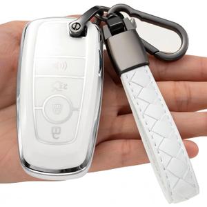 for Ford Key Fob Cover Soft TPU with Keychain Full Protection Key Case for 2018-2025 Explorer Bronco Escape Edge Expedition F-150 Fusion Maverick Mustang Ranger Accessories 4 Button, B White