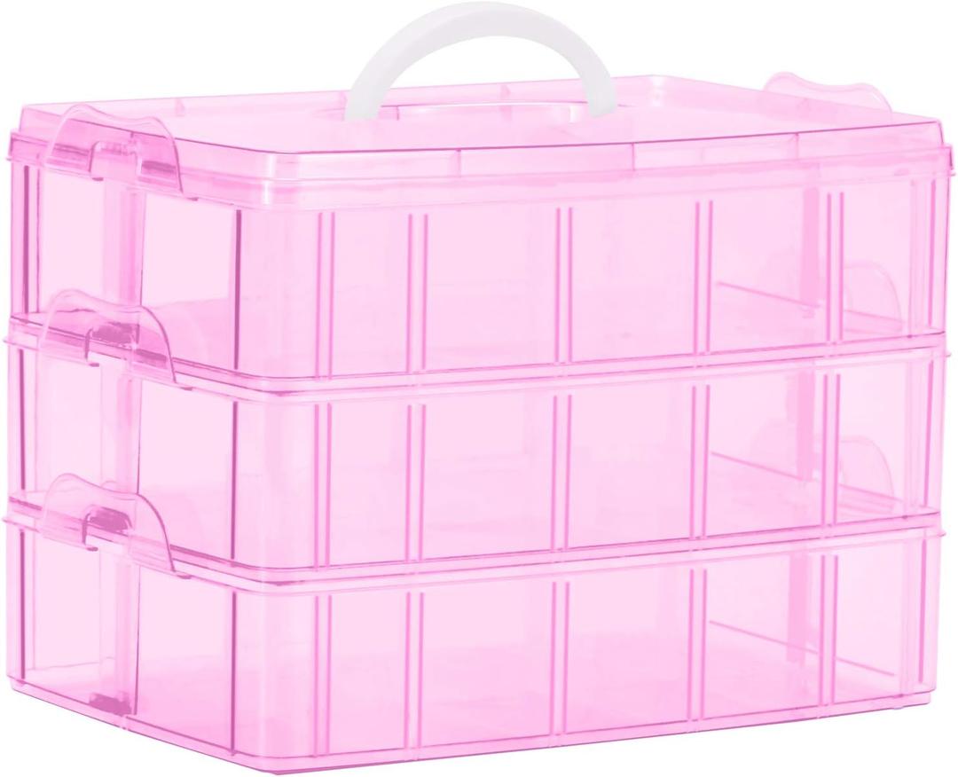 Sooyee Bead Organizer,3-Tier Craft Organizers and Storage,Stackable Storage Containers with 30 Compartments Dividers for Washi Tape,Toy, Nail,Art Supplies, Fishing Tackle, Pink