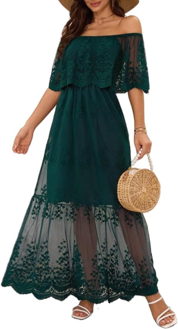 Women's Off The Shoulder Embroidered Lace Maxi Wedding Dress Boho Wedding Guest Formal Party Maternity Photoshoot Dresses (Green, XXL)