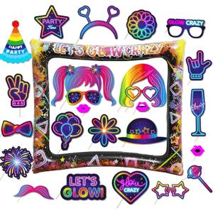 25pcs Neon Glow Party Photo Booth Props with Let's Glow Inflatable Selfie Photo Booth Frame - Funny Neon Selfie Props for Dark Black Light Birthday Party Decoration Supplies