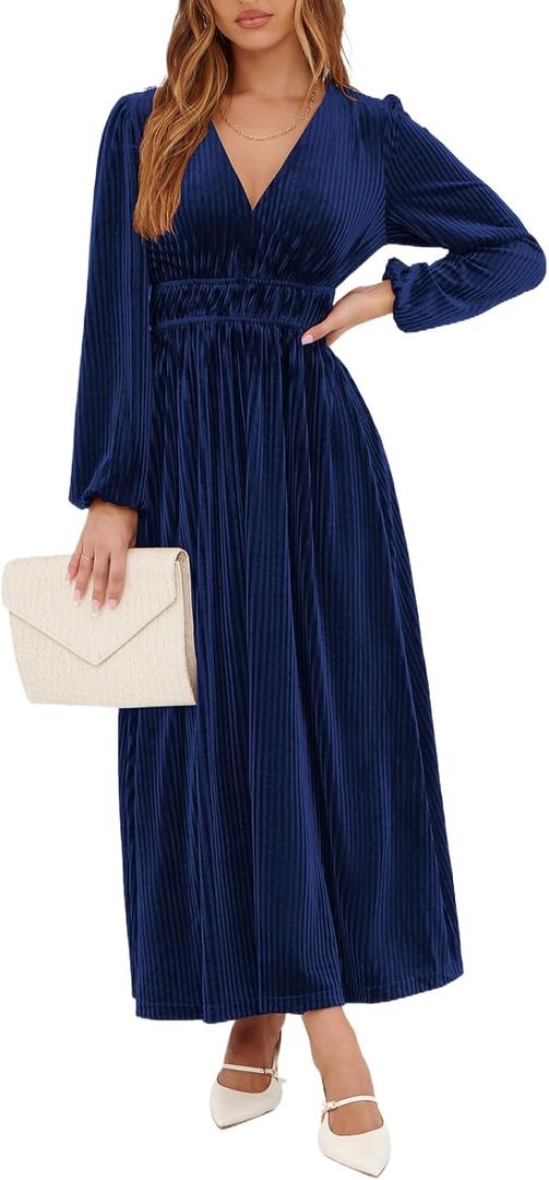 Sissyaki Women's Long Sleeve Velvet Dresses Fall Winter Long Dress Wedding Guest Party Maxi Dress (Large, B#navy Blue)