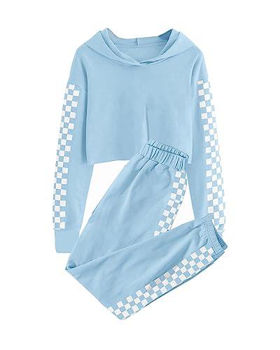 Meikulo Crop Tops for Teen Girls Hoodies Two Piece Outfits Tracksuit Activewear Kids Cute Long Sleeve Sweatshirts Sweatpants Blue, 7-8 Years
