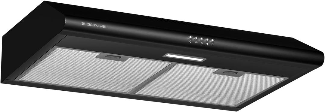 30 inch Black Under Cabinet Range Hood, Stainless Steel Slim Kitchen Vent Hood Ducted/Ductless Convertible with 3 Speed Controls, 5-Layer Aluminum Filters,LED Lights