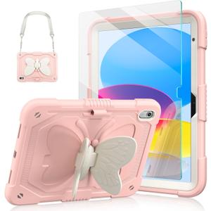 Ambison Compatible with iPad 11th/10th Generation Case 2025/2022 11/10.9 inch for Kids Girls with 9H Tempered Glass Screen Protector, Rugged Duty Shockproof, Butterfly Stand,Carrying Strap-Rose Pink