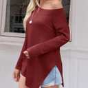 Tankaneo Womens Off The Shoulder Tops Casual Long Sleeve T Shirts Irregular Hem Split Tunics Loose Fall Blouse Shirt Burgundy (Red, L)