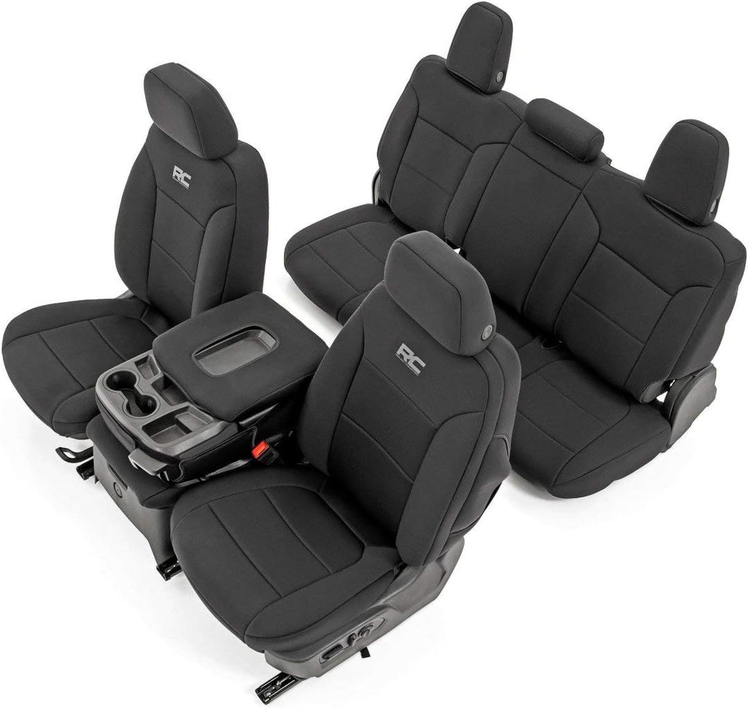 Rough Country Neoprene Seat Covers for Chevy Silverado & GMC Sierra 1500 (2019-2025) Crew Cab w/Rear Cup Holder - Waterproof & UV Resistant, Foam Padded, Full Seat Cover Set