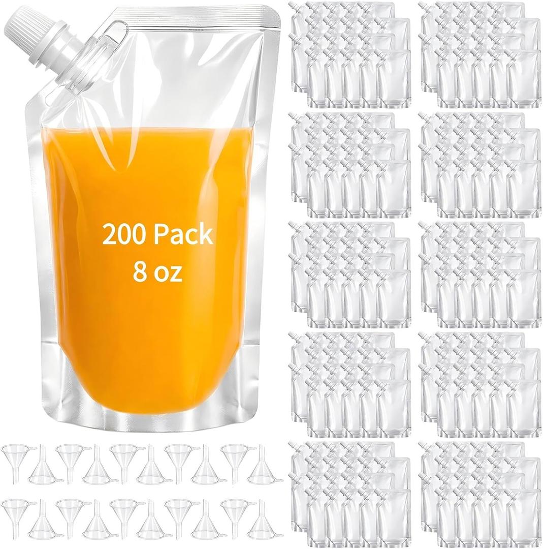 200 Pack Reusable Plastic Flasks, 8 Oz Leak-Proof Drink Pouches Bulk, Food Grade Juice Squeeze Pouches Bags with 20 Funnels for Outdoors, Travel, Concerts, Hot & Cold Beverage