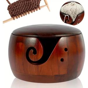Wooden Yarn Bowl with Lid, Crochet Yarn Bowl with Holes Storage, 5.9x3.7in Knitting Bowl for Handmade Crocheting Accessories, Yarn Storage Bowls for Knitting and Crocheting