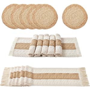 Denique Boho Placemats Set of 13 PCS - Handmade Grass Woven Meal Mats and Natural Cotton Linen Burlap, with 1 Macrame Burlap Table Runner 12x70inch, Table Mats Set for Dining Table Kitchen