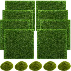 SNAIL GARDEN Fairy Artificial Grass, 8Pack Life-Like Garden Lawn with 5Pcs Artificial Moss Rocks-Miniature Ornament Garden Fairy Accessories for Dollhouse DIY Decoration, (6 x 6 Inch)