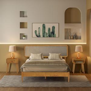 NTC Lupin Wooden Bed Frame with Headboard and Natural Rattan, Solid Oak/Rubber Wood Foundation with Silent Slats, 1000 Lb Capacity, Effortless Assembly (Natural Cane - Rustic Oak, Queen)