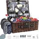 Picnic Basket Set for 4 with Waterproof Blanket Mat Insulation Bag Wicker Navy Blue Brown Stripe Vintage Retro Classic Gift for Wedding Birthday Summer Camp Outdoor Camping Travel Christmas