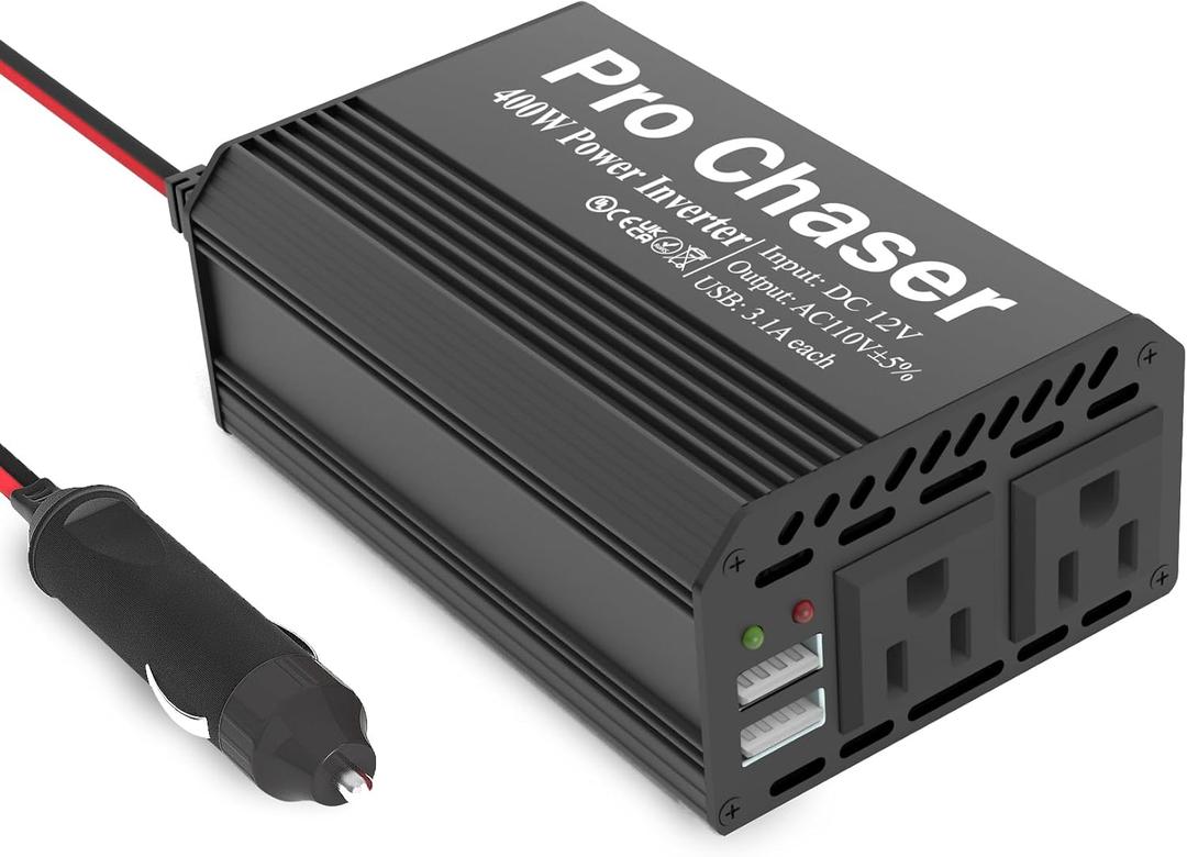 Pro Chaser 400W Car Power Inverter  DC 12V to AC 110V Converter with Dual AC Outlets & 6.2A USB Ports, Ideal for Road Trips, Camping, Small Appliances & Electronics (Black)