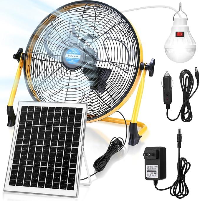 Sumind 14 Inch Portable Rechargeable Fan,15000mAh 20W Battery Powered, Solar Powered Camping Fan with Panel and Light for Outside, Home, Travel, Chicken Coop, Dog House, Shed, Greenhouse