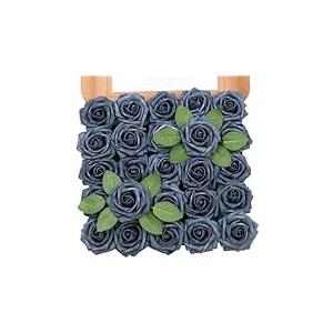 TINGE TIME Artificial Flowers, 25pcs Real Looking Dusty Blue Rose Fake Roses w/Stem for DIY Wedding Bouquets Centerpieces Arrangements Party Baby Shower Home Decorations
