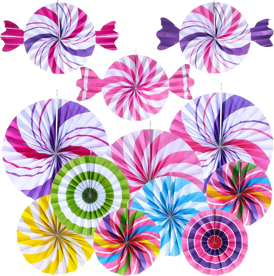 Outus 12 Pcs Candyland Hanging Paper Fans Candy Themed Classroom Decorations Lollipop Paper Fan Colorful Peppermint Ceiling Wall Decor for Halloween Candy Land Birthday Party Supplies (Pink)