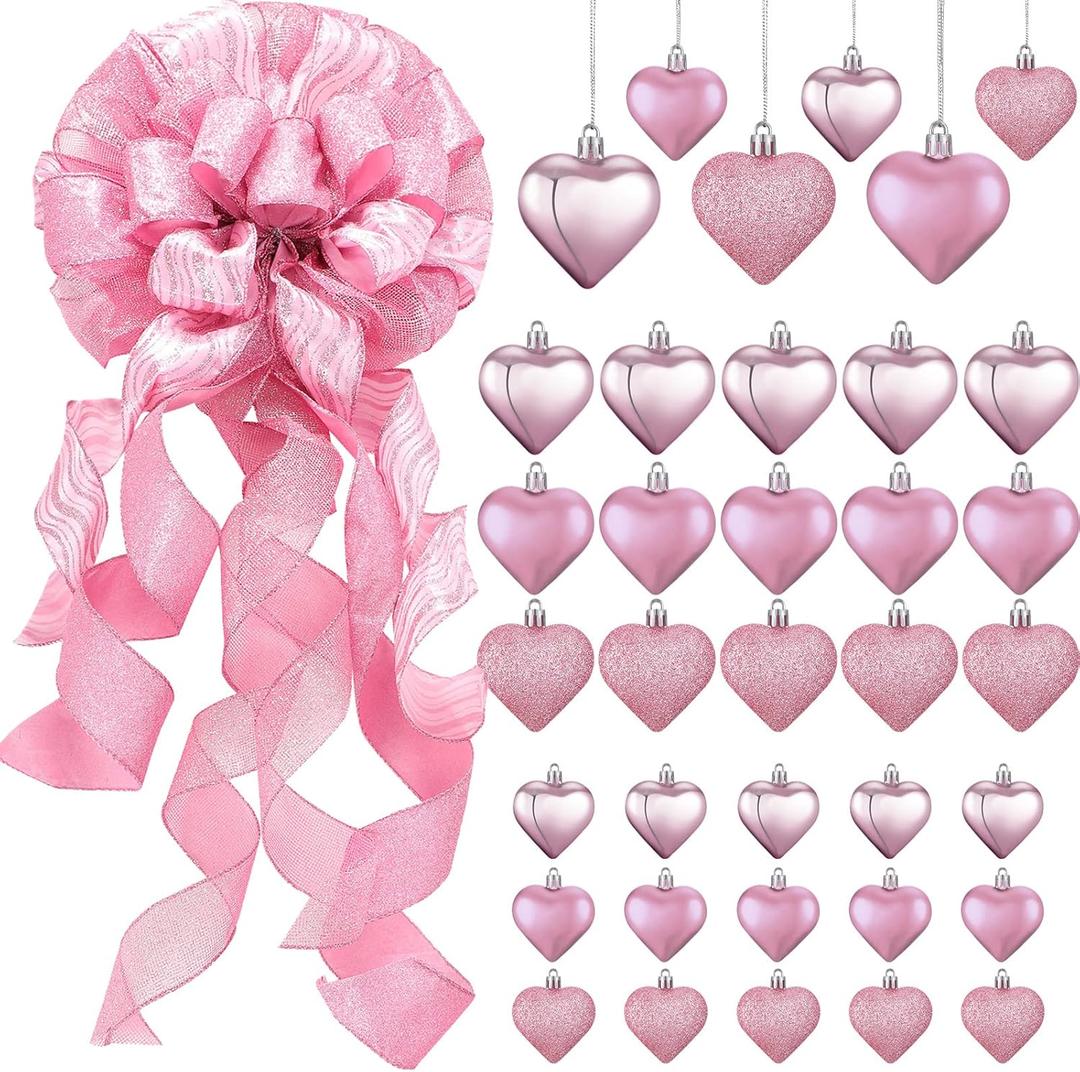 37 Pcs Pink Valentines Day Ornaments Set with Tree Topper 12 x 34 Inches Large Bow and 36 Pcs Flash Heart Ornaments with Wired Edge for Valentine Christmas Tree Decorations Hanging Wreath