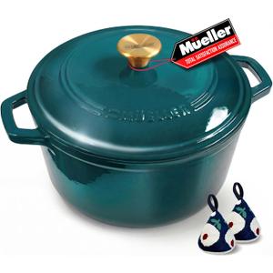 Mueller DuraCast 6 Quart Enameled Cast Iron Dutch Oven Pot with Lid, Sourdough Bread Baking, PFOA-Free, 500F Oven Safe - All Cooktops incl. Induction, Braising & Slow Cooking, Emerald
