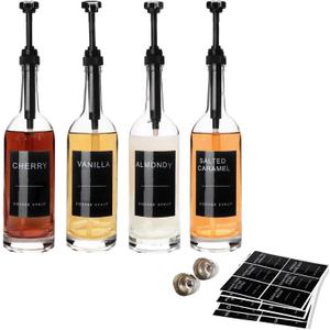 25.4 oz 750 ml Glass Coffee Syrup Dispenser for Coffee Bar With Pump & Lables Glass Syrup Bottle Included - 4 Pack