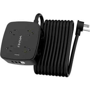 20 Ft Surge Protector Power Strip - 8 Widely Outlets with 4 USB Ports, 3 Side Outlet Extender with 20 Feet Extension Cord, Flat Plug, Wall Mount, Desk USB Charging Station, ETL, Black