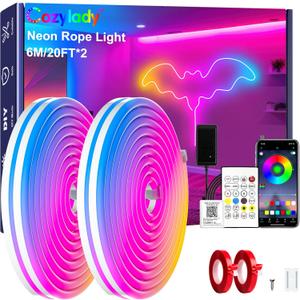 Cozylady 40Ft (20Ft *2 Rolls) RGB LED Neon Rope Lights for Bedroom, 12m LED Strip Lamp with Double Sided Adhesive Tape, App/Remote Control DIY Lights Decorate The Outdoor and Indoor of Your Home