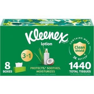 Kleenex Lotion Facial Tissues with Coconut Oil, 8 Flat Boxes, 180 Tissues Per Box, 3-Ply (White)