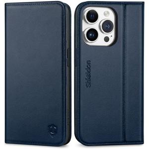 SHIELDON Wallet Case for iPhone 15 Pro 2023, Genuine Leather Flip Cover Kickstand RFID Blocking Card Slots Magnetic Shockproof TPU Shell Case Compatible with iPhone 15 Pro 5G (6.1 Inch) - Navy Blue