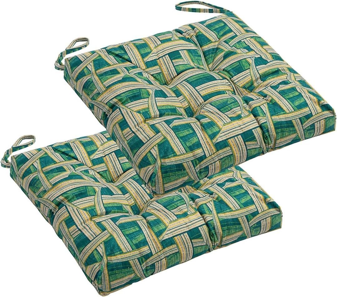 2-Pack Outdoor/Indoor Wicker Patio Seat Cushion Pad with Ties - Dining Chair Cushion, 17" x 17" (Green Plaid)