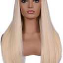 morvally Women's 26 inches Long Straight Blonde Synthetic Resistant Hair Wigs with Bangs Natural Looking Wig for Women Halloween Cosplay (Blonde)