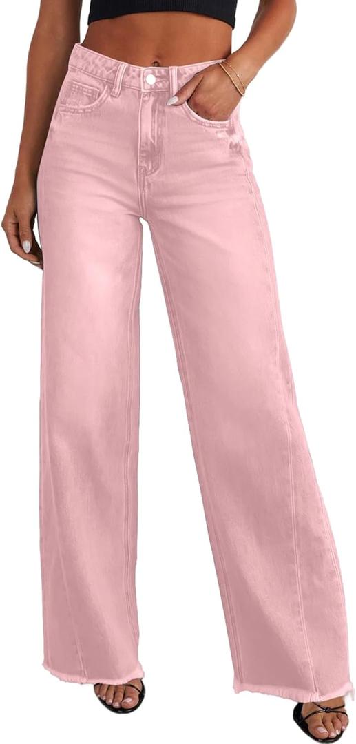 Sidefeel Women's Wide Leg Jeans High Waisted Strechy Raw Hem Zimbaplatinum Denim Pants (8, Pink)