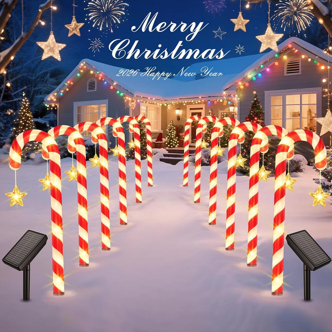 Solar Christmas Lights Outdoor Waterproof: 24-Pack Solar Candy Cane Christmas Decorations Outdoor Pathway Lights with Stakes 10 Modes, 144 LED Xmas Decorations for Yard Garden Holiday Decor