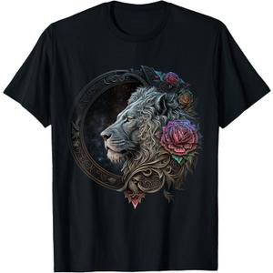 Lion Mandala Flowers Art Space Animal Zoo Lion T-Shirt (Small, Black)