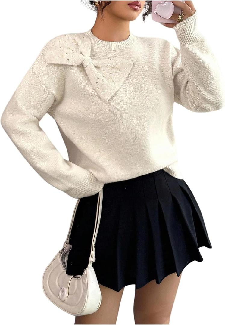 SOLY HUX Women's Sequin Bow Sweater Long Sleeve Tops Elegant Loose Pullovers Aesthetic Clothes (Size M)