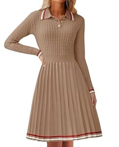 ZESICA Women's Midi Sweater Dress 2024 Fall Long Sleeve Cable Ribbed Knit A Line Swing Pleated Dresses, Khaki, Small