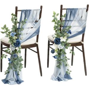 Ling's moment 8pcs Wedding Chair Decorations Aisle Pew Church Artificial Flowers Greenery Swags Dusty Blue & Navy Bench Ceremony Reception Floral Faux Backdrop Rose Arrangements Party Outdoor