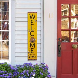 Glitzhome Welcome Sign for Front Porch, 42" H Rustic Solid Wood Welcome Porch Decor with Bee Vertical Standing or Hanging Signs for Home Yard Indoor Decor