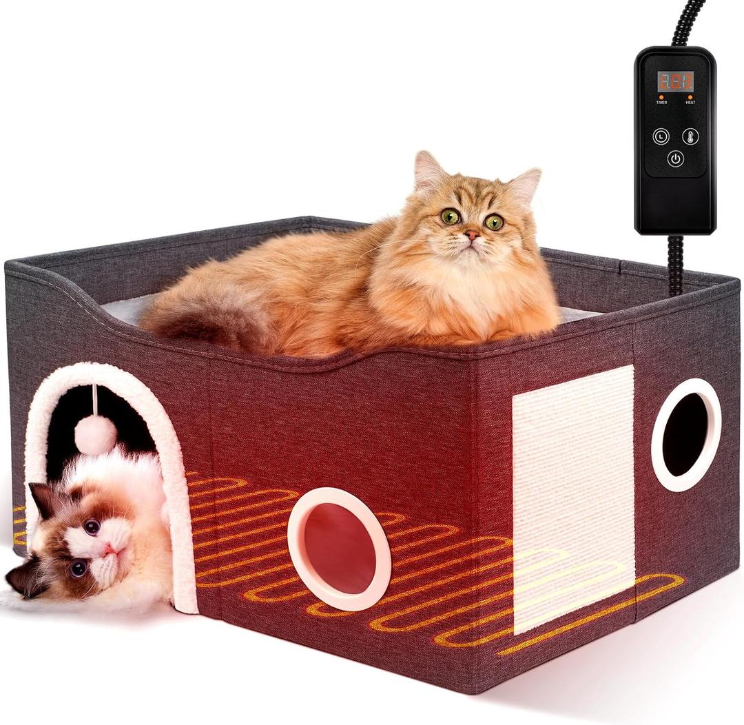 Indoor Heated Cat House, Adjustable Temperature Cat Heating Bed with Timer and Chew Resistant Cord, Large Cat House with Heating Pad for Small Medium and Large Cats