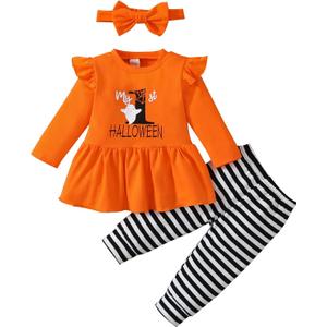 Noubeau My 1st Halloween Baby Girl Outfits Ruffle Pumpkin Print Tunic Drees Shirt Stripe Pants Legging Fall Winter Clothes (3-6 Months)