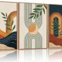FWIEXA Vintage Boho Nature Framed Canvas Wall Art Set of 3, Minimalist Geometric Sun Moon Line Wall Prints, Abstract Green Leaf Painting, 24x36In Modern Beige Navy Blue Artwork for Living Room,Bedroom