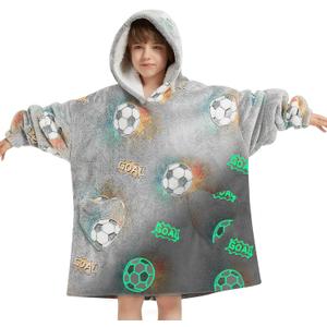 Wearable Blanket Hoodie for Kids Oversized Sherpa Blanket Hoodie for Kids Boys Girls Teens 6-13YR,Glow in The Dark Football