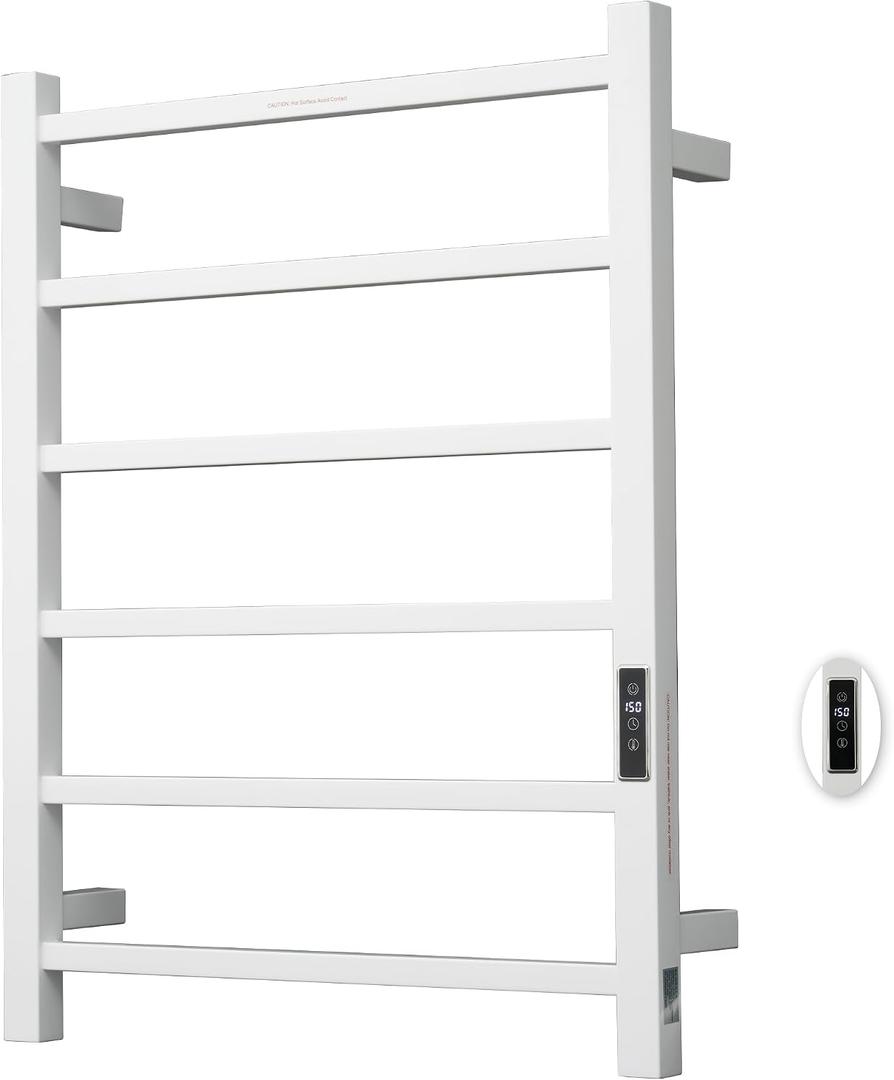 Heated Towel Racks for Bathroom, Wall Mounted Electric Towel Warmer Racks with Timer & Temperature Control, Stainless Steel Towel Heater for Bathroom (Square-White 6 Bars)