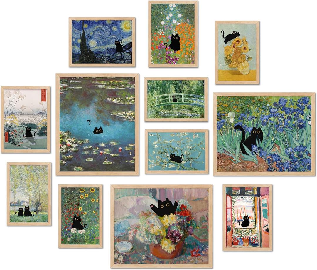 TwoDays Vintage Black Cat Room Decor, Funny Cats in Famous Painting, Monet Van Gogh Matisse Wall Art Prints for Bathroom Bedroom Aesthetic (Multi Sizes, Set of 12, 8" X 10" Largest, UNFRAMED)